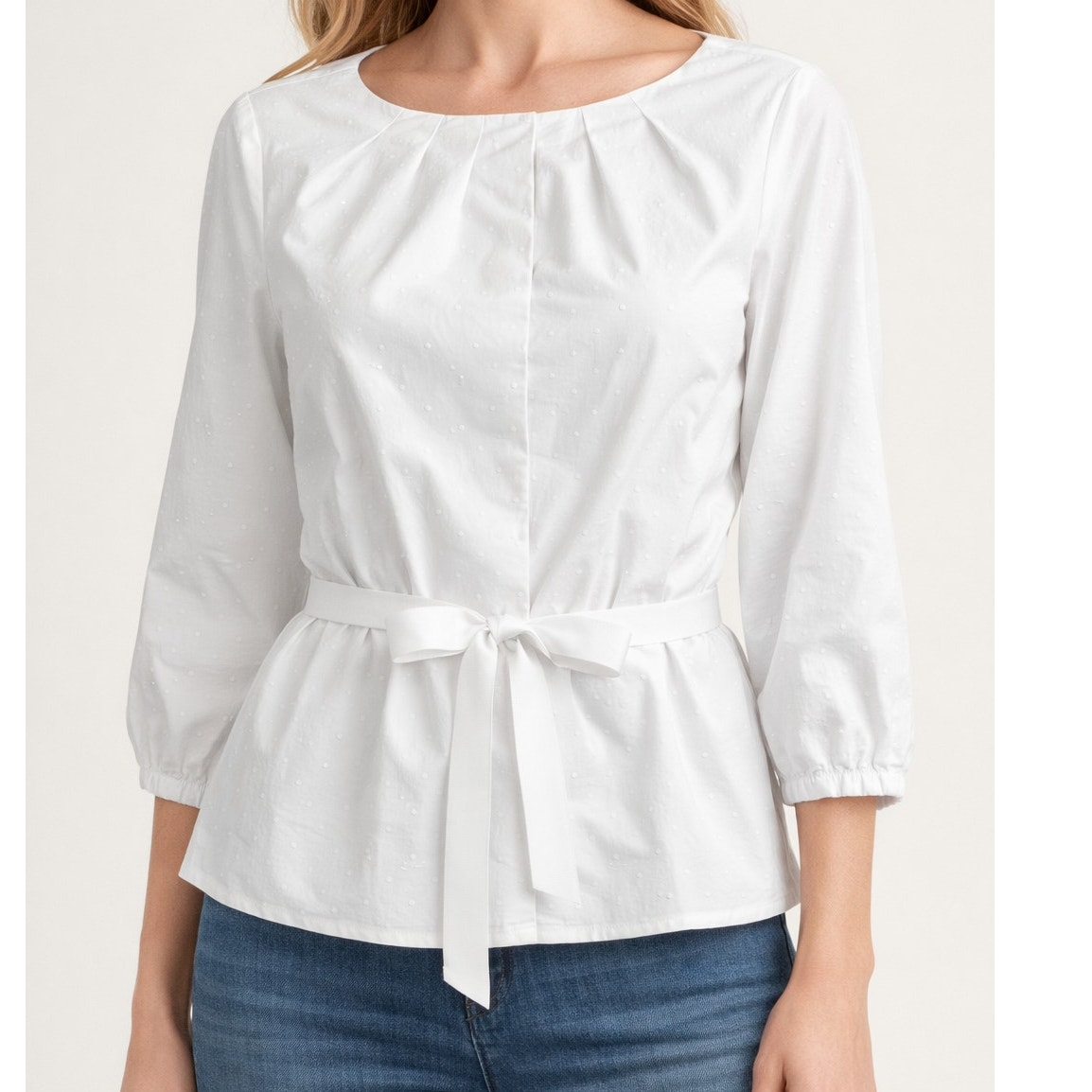 Pendleton White Swiss Dot Poplin Peplum Blouse Tie Waist 3/4 Sleeve Size 6
